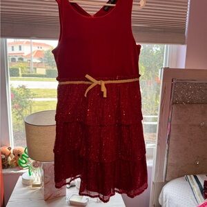 Elegant Red Tiered Kids Dress with Gold Accent